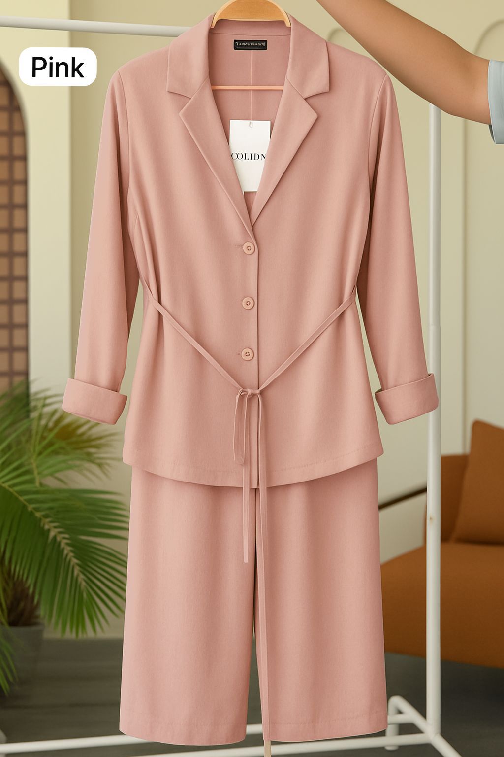 Coat Style Belted Shirt with Trouser